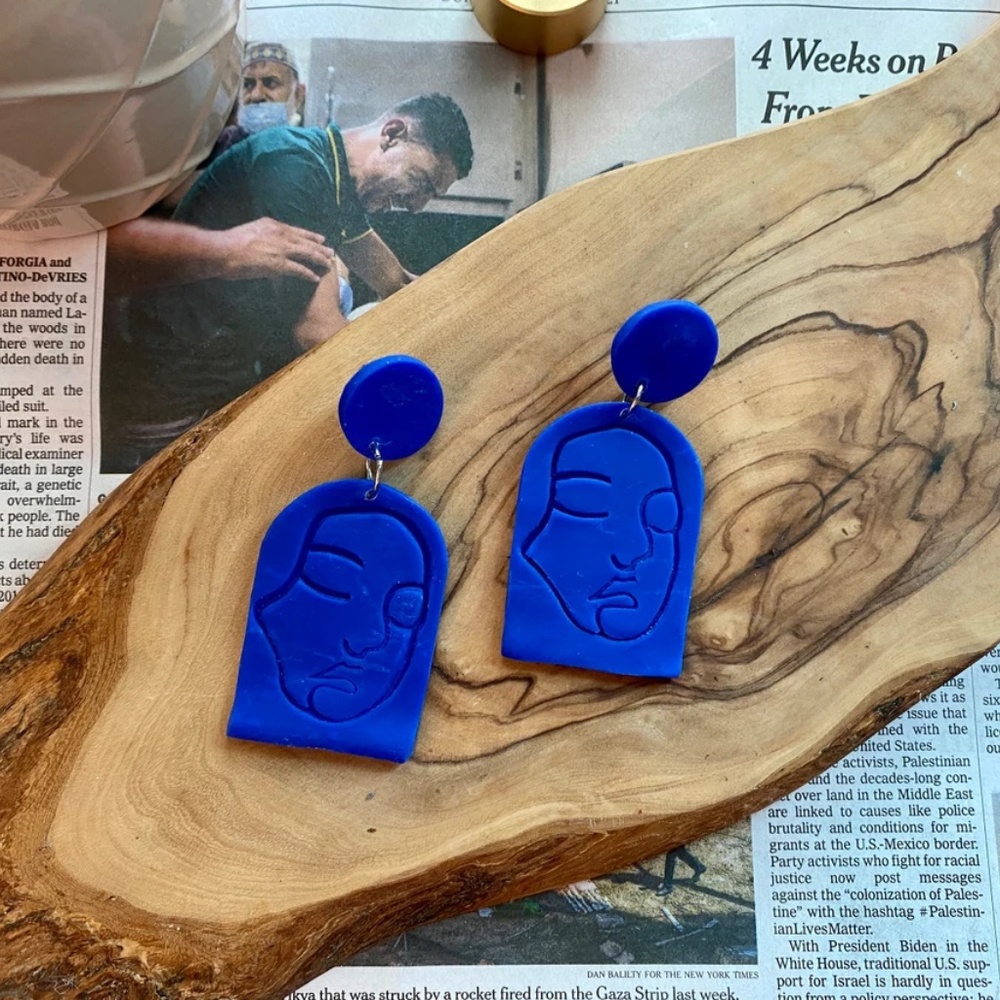 Handmade Clay Earrings | Face Outline Statue  | Royal Blue | Push Backs